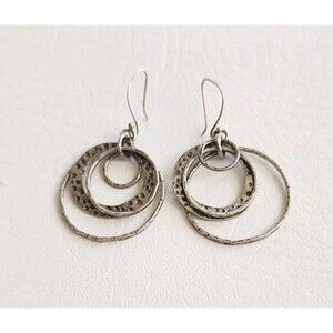 Sterling Silver Oxidized Hammered Circle Disc Dangle Earrings 2" 10g